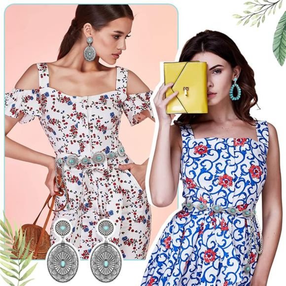 Newtay 4 Pcs Concho Chain Belt with Bohemian Dangle Metal Large Oval Earring main image 4